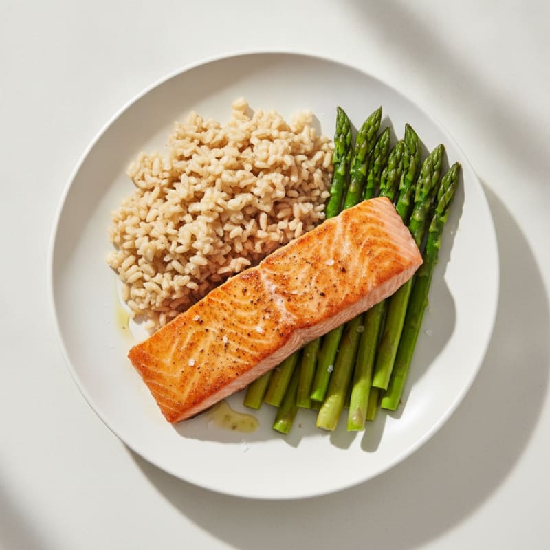 Seared Salmon with Steamed Asparagus and Brown Rice