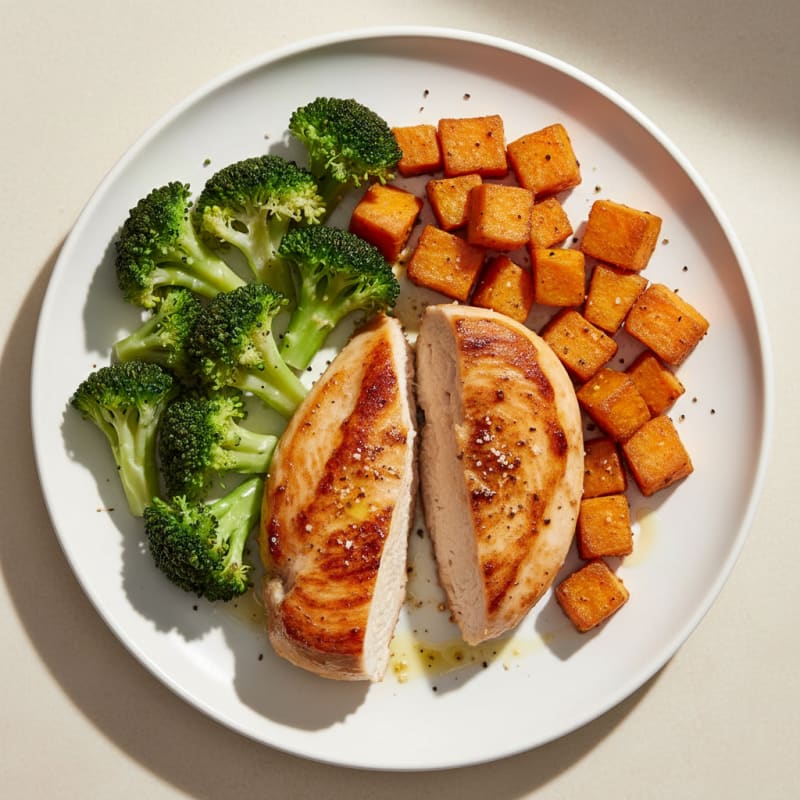 Seared Chicken Breast with Roasted Sweet Potato and Steamed Broccoli
