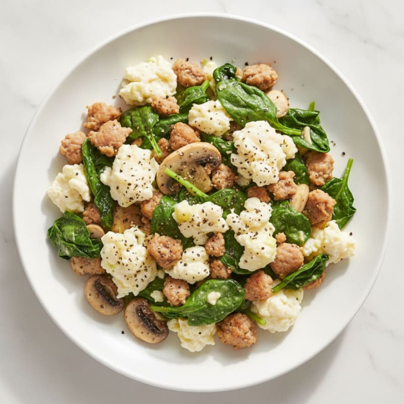 Egg White and Turkey Sausage Scramble with Spinach and Mushrooms