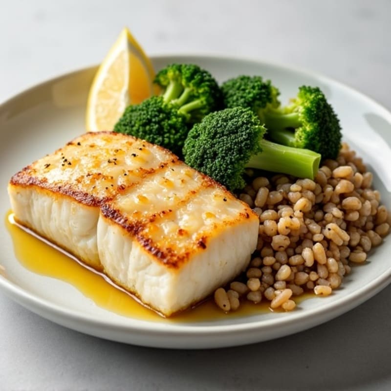 Seared Cod with Steamed Broccoli, Brown Rice, and Lemon