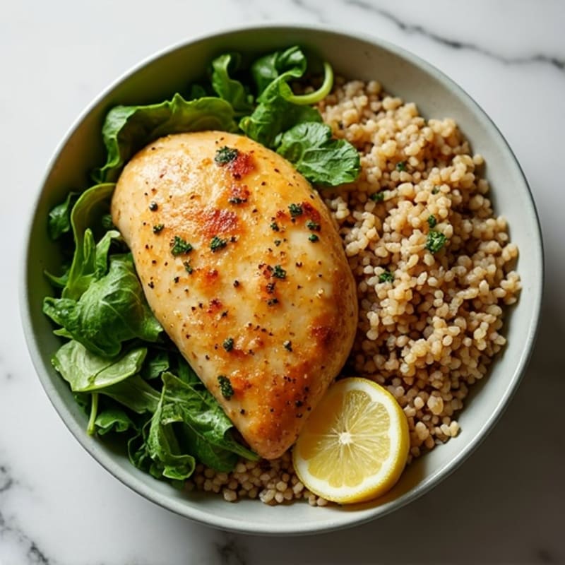 Lemon-Herb Roasted Chicken with Brown Rice and Fresh Greens Bowl
