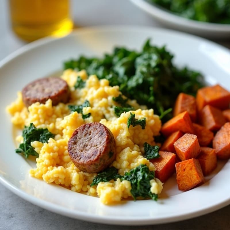 Egg White and Turkey Sausage Scramble with Spinach and Roasted Sweet Potatoes