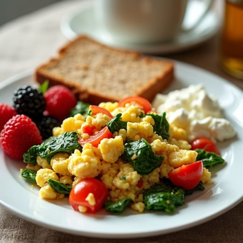 Egg White Veggie Scramble with Cottage Cheese and Fresh Spinach