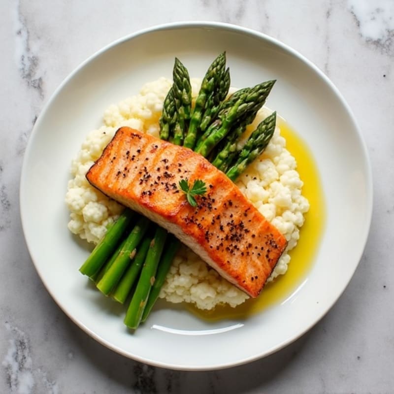 Seared Salmon Fillet with Steamed Asparagus and Cauliflower Mash