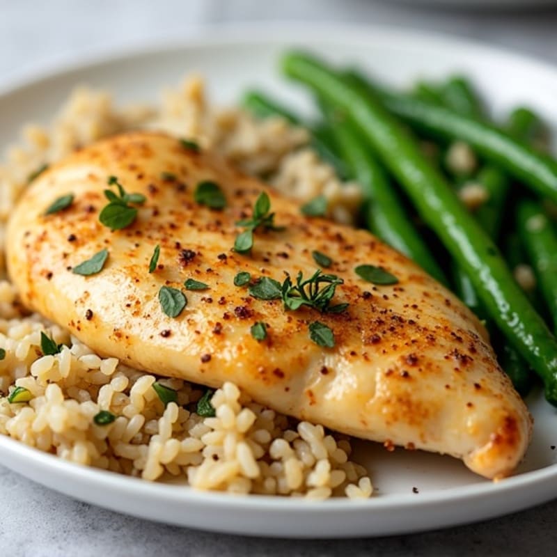 Lemon-Herb Roasted Chicken Breast with Garlicky Green Beans and Brown Rice
