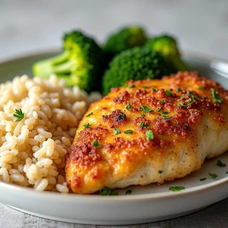 Crispy Lemon Herb Chicken with Roasted Broccoli and Fluffy Brown Rice
