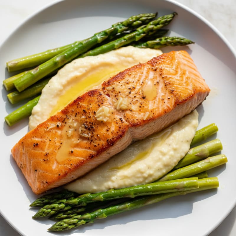 Seared Salmon with Steamed Asparagus and Cauliflower Mash