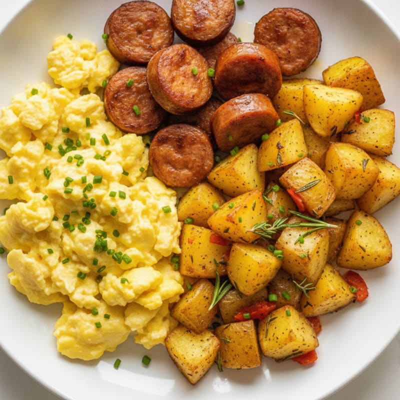 Scrambled Eggs with Crispy Chicken Sausage and Roasted Potatoes