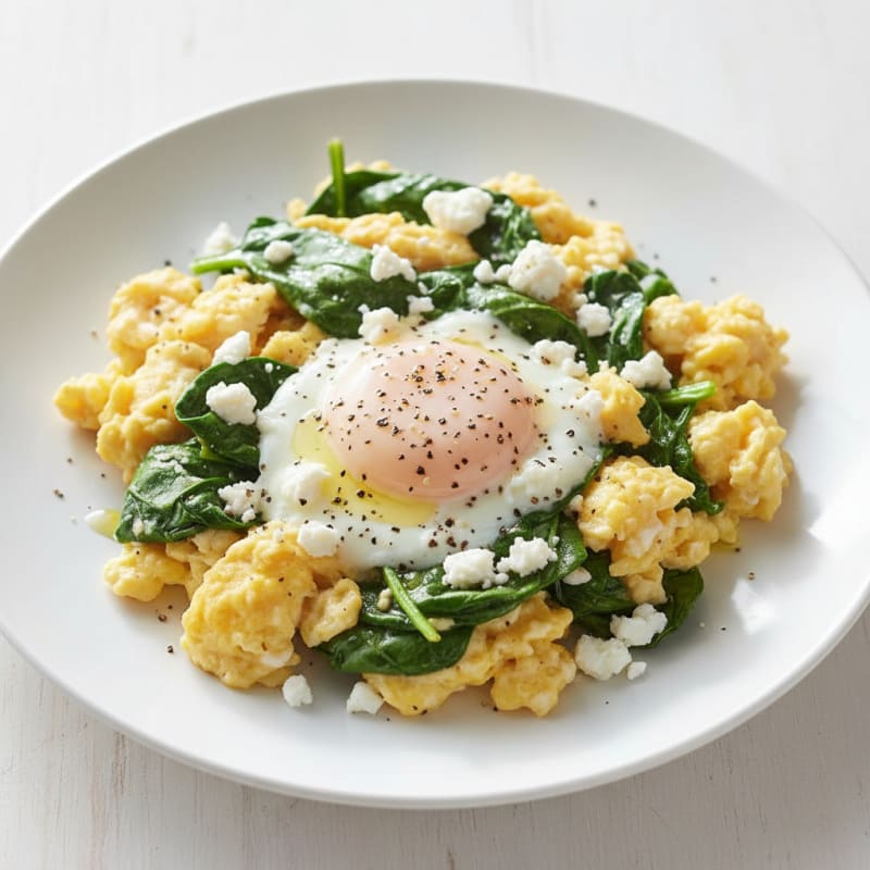 Scrambled Eggs with Sautéed Spinach and Feta