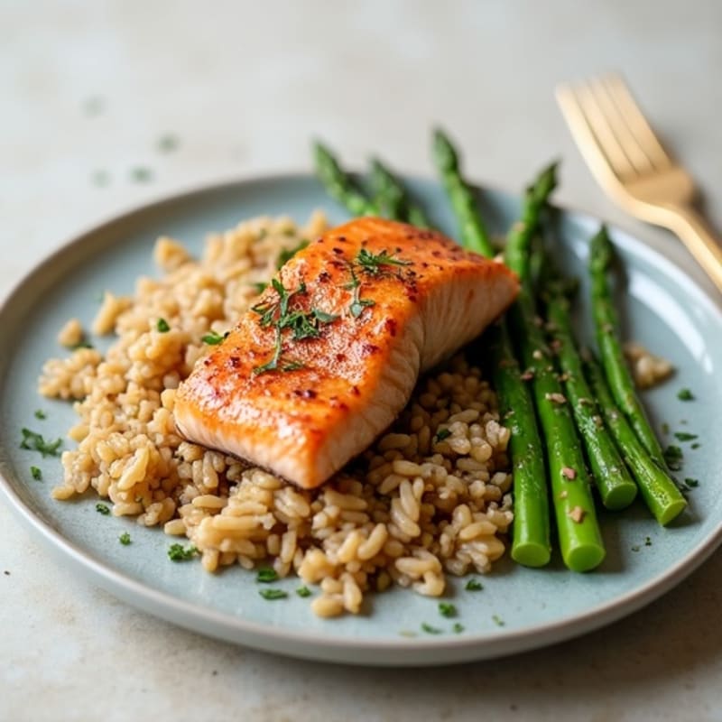 Seared Salmon with Steamed Asparagus and Brown Rice