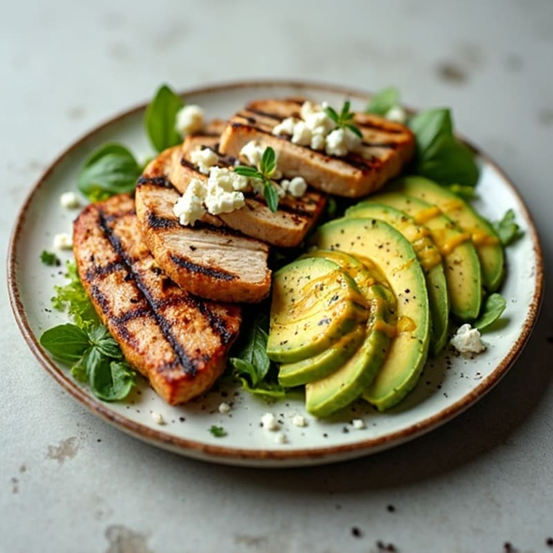 Grilled Chicken and Steak with Creamy Avocado and Crumbled Feta