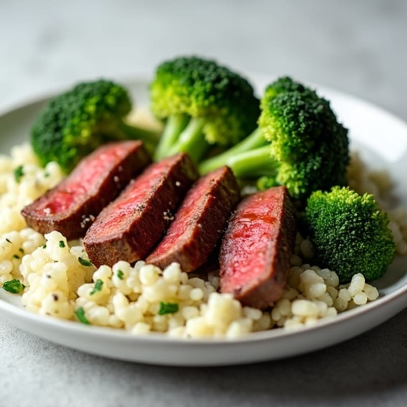 Seared Lean Beef Strips with Steamed Broccoli and Cauliflower Rice