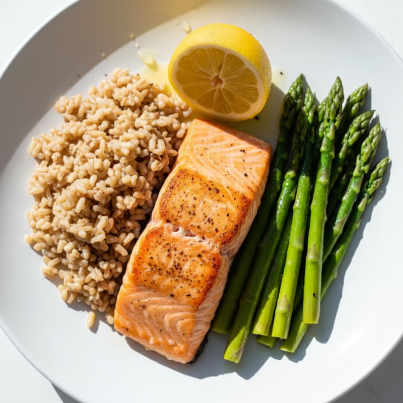 Pan-Seared Salmon with Steamed Asparagus and Brown Rice