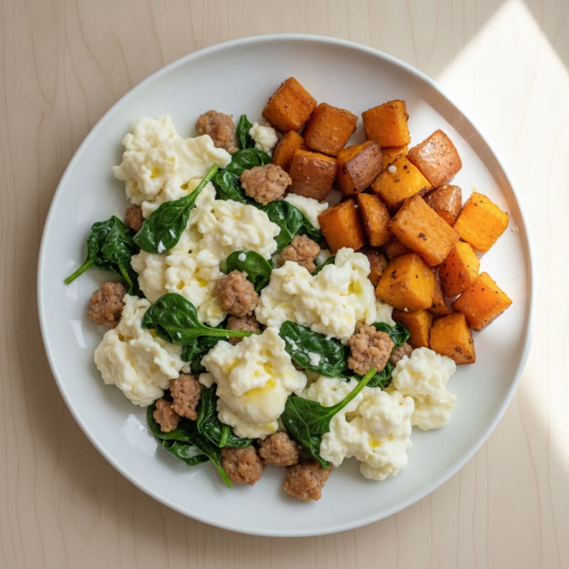 Egg White and Turkey Sausage Scramble with Spinach and Roasted Sweet Potato