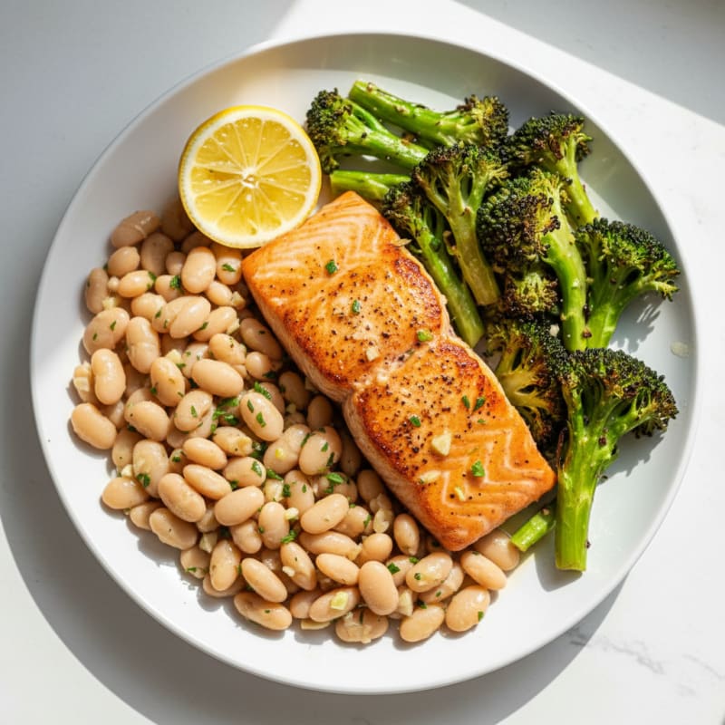 Seared Salmon with Roasted Broccoli and Garlic White Beans