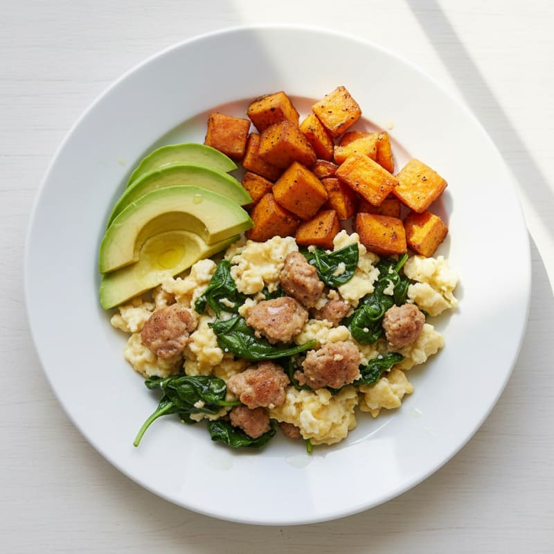 Egg White Scramble with Turkey Sausage and Spinach