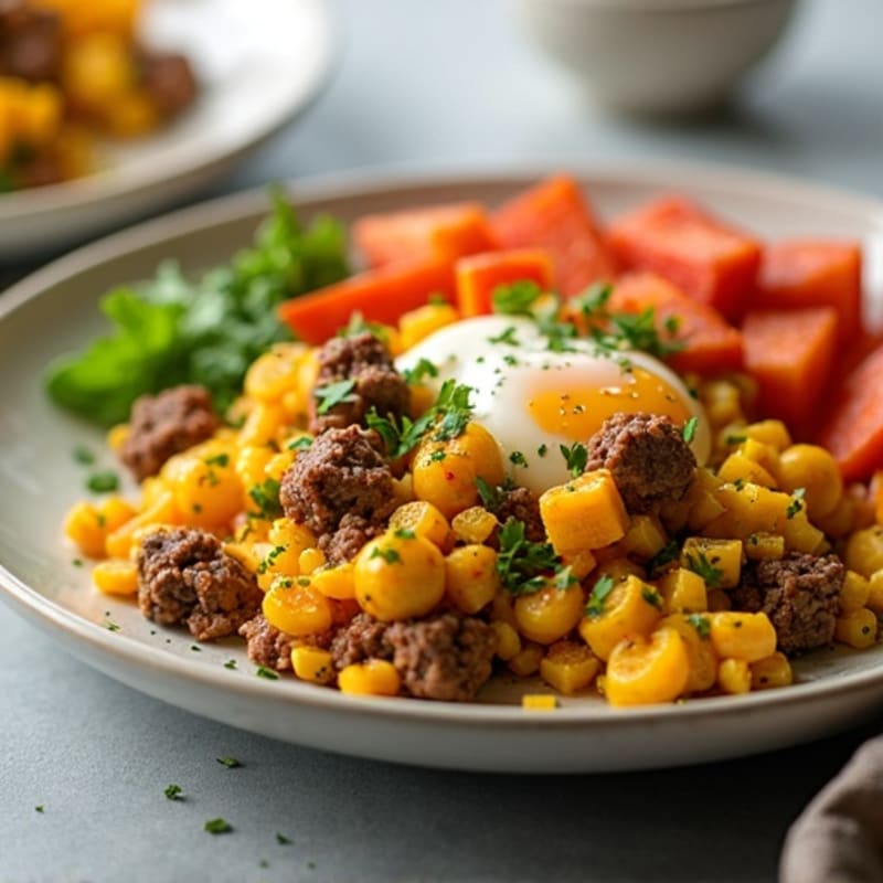 Egg White and Ground Beef Scramble with Roasted Sweet Potatoes