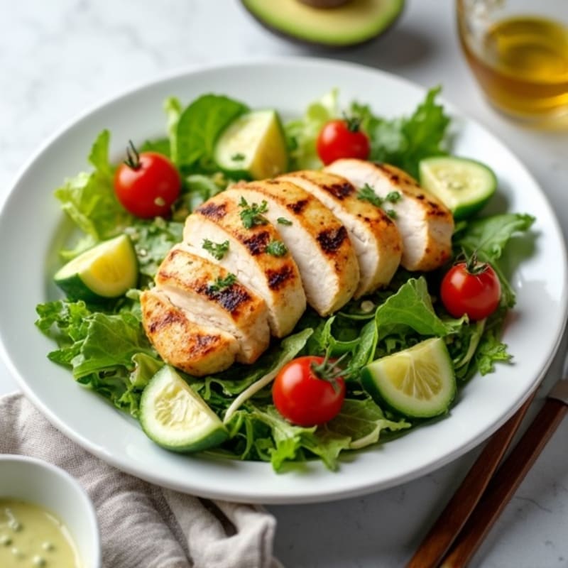 Grilled Chicken Salad with Fresh Greens and Creamy Avocado Dressing