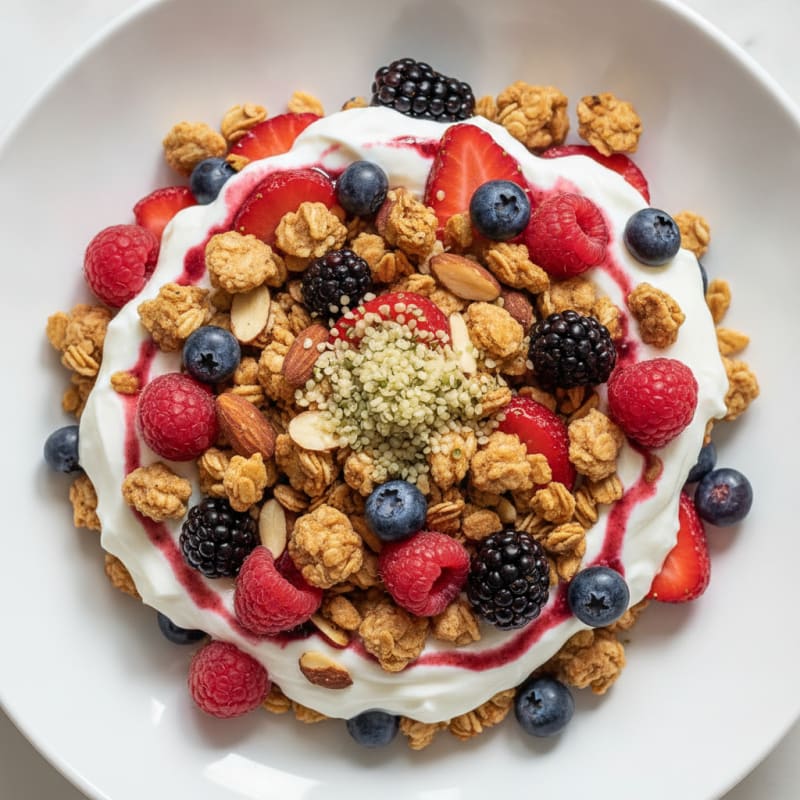 Greek Yogurt Parfait with Mixed Berries and Crunchy Almond Granola