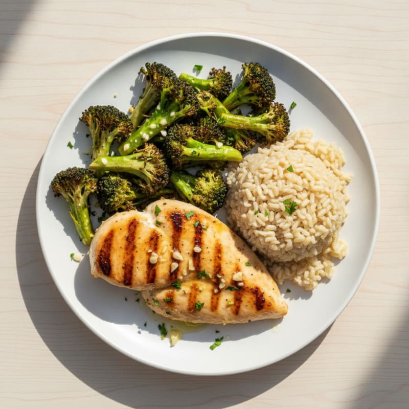Grilled Chicken Breast with Roasted Broccoli and Brown Rice
