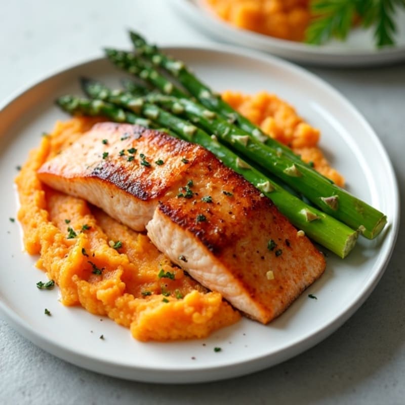 Seared Salmon Fillet with Steamed Asparagus and Sweet Potato Mash