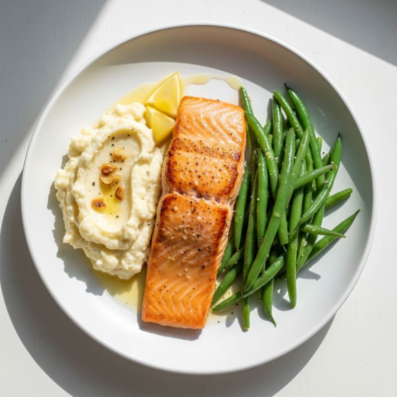 Seared Salmon Fillet with Steamed Green Beans and Garlic Mashed Cauliflower