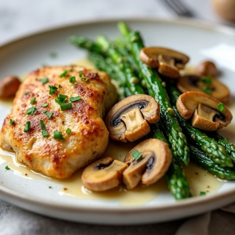 Pan-Seared Chicken with Creamy Roasted Garlic Butter Mushrooms and Asparagus