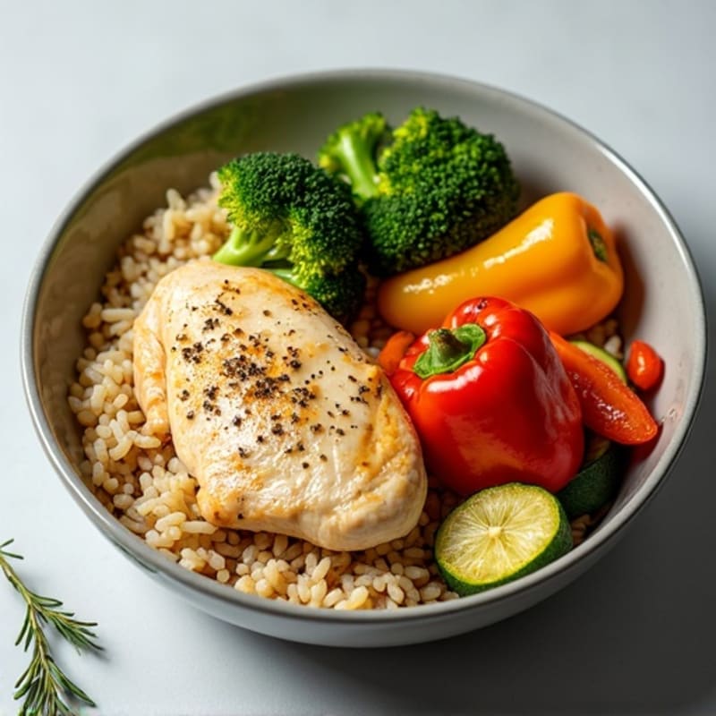 Garlic Herb Chicken and Roasted Vegetable Brown Rice Bowl