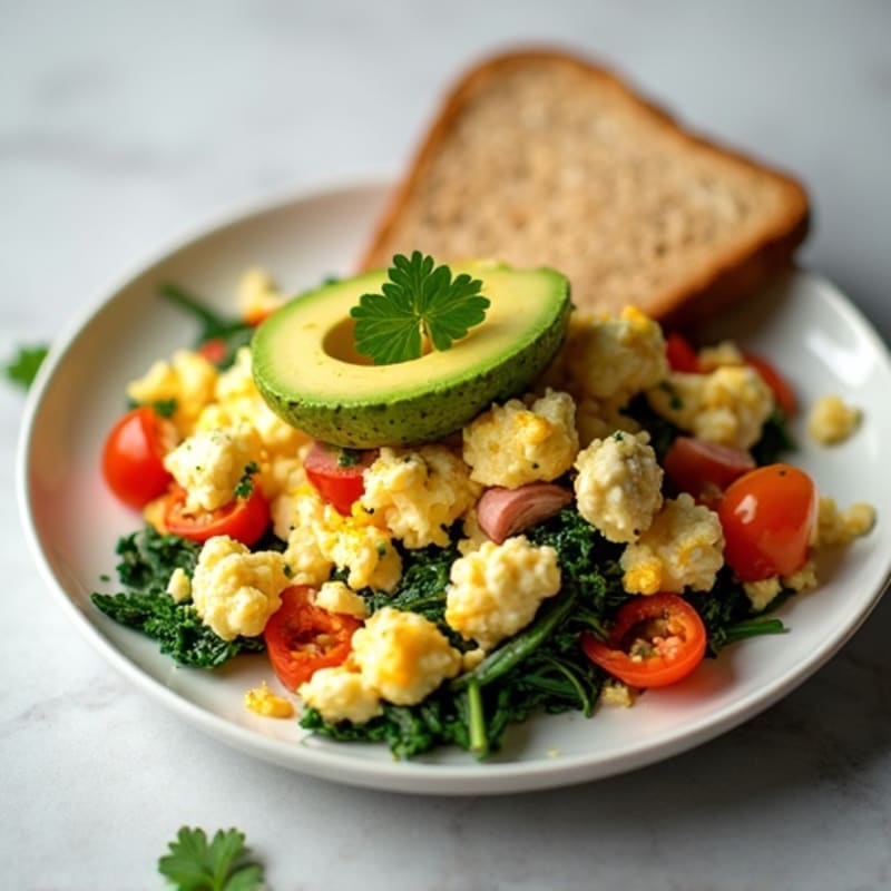 Egg White Veggie Scramble with Cottage Cheese and Sliced Turkey