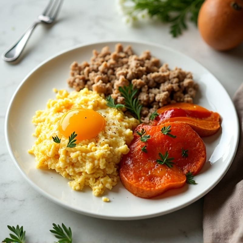 Egg White and Ground Turkey Scramble with Roasted Sweet Potatoes