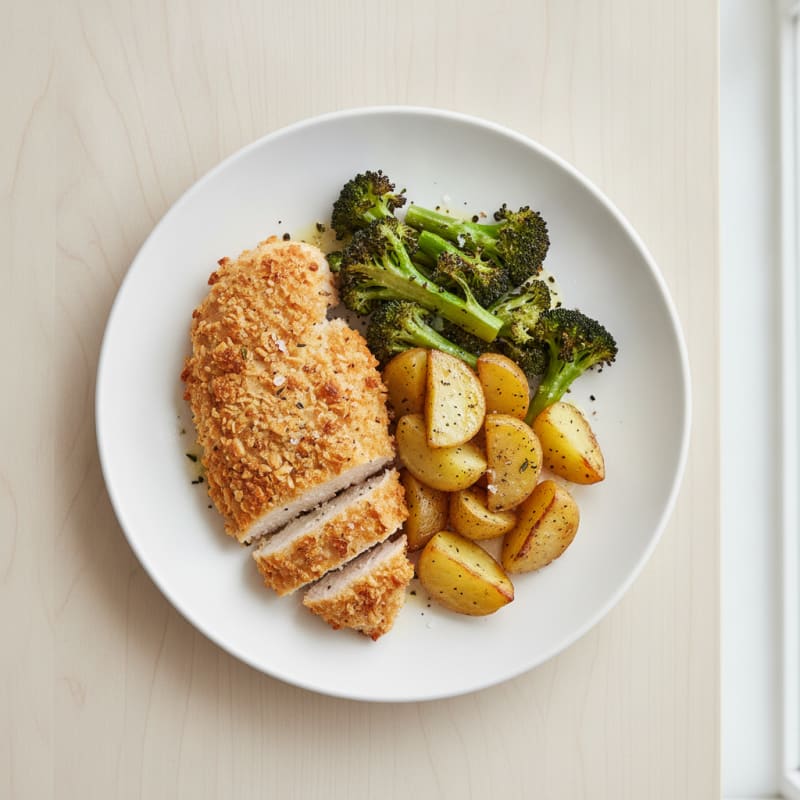Parmesan Chicken with Roasted Broccoli and Potatoes