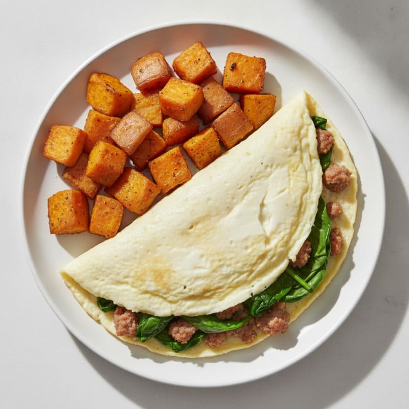 Egg White Omelet with Turkey Sausage and Roasted Sweet Potatoes