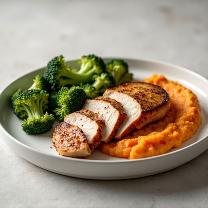 Seared Turkey Breast with Roasted Broccoli and Sweet Potato Mash