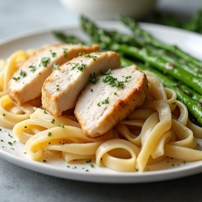 Creamy Garlic Chicken Pasta with Roasted Asparagus