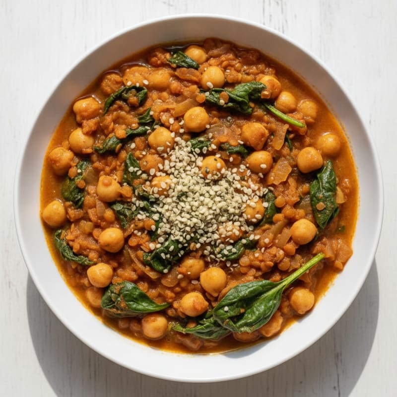 Lentil and Chickpea Stew with Leafy Greens and Hemp Seeds