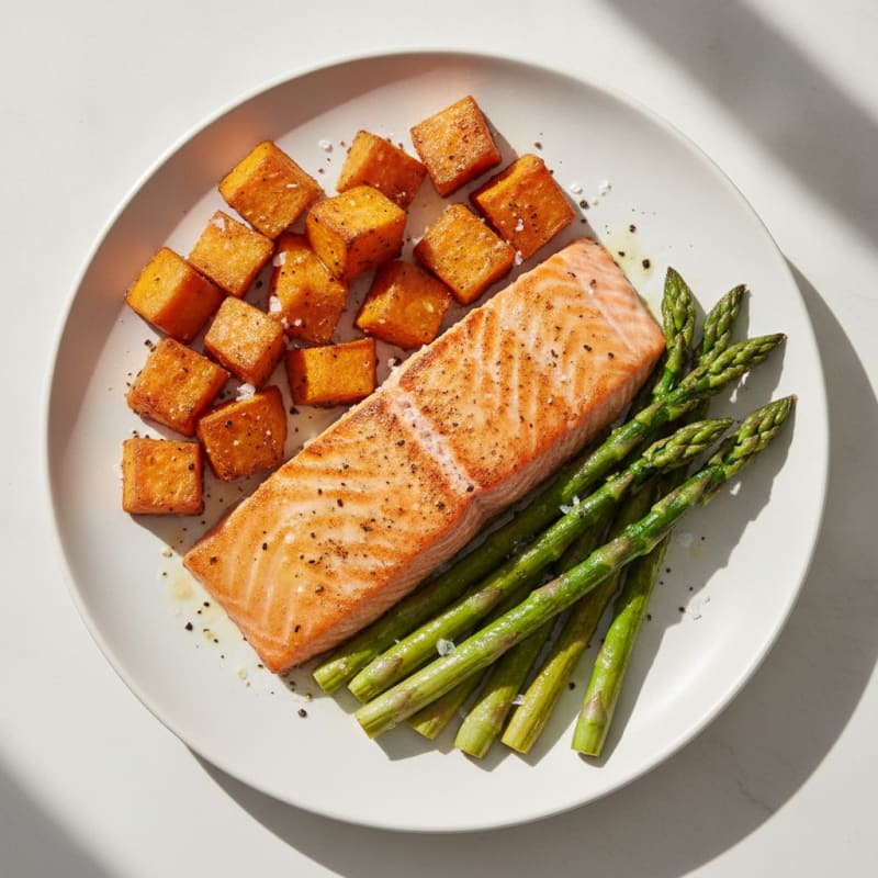 Seared Salmon Fillet with Roasted Asparagus and Sweet Potato