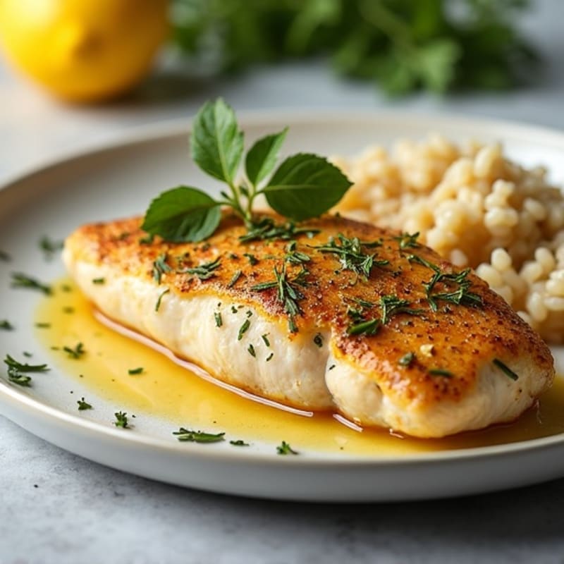 Herb-Crusted Pan Seared Chicken with Lemon Garlic Sauce