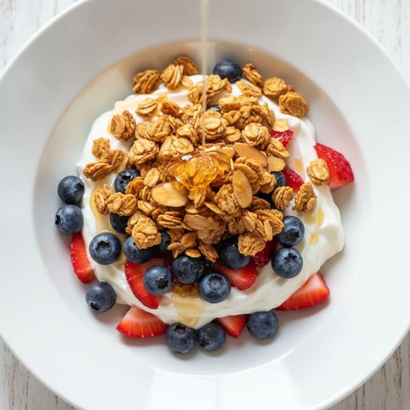 Greek Yogurt Parfait with Crunchy Almond Granola and Fresh Berries