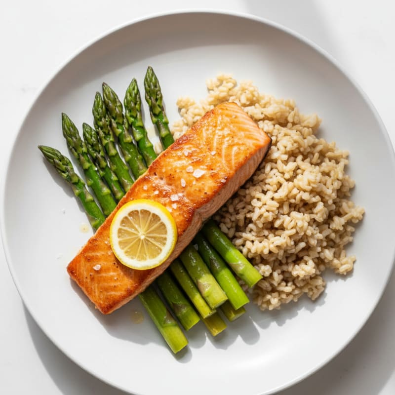 Seared Salmon with Steamed Asparagus and Brown Rice