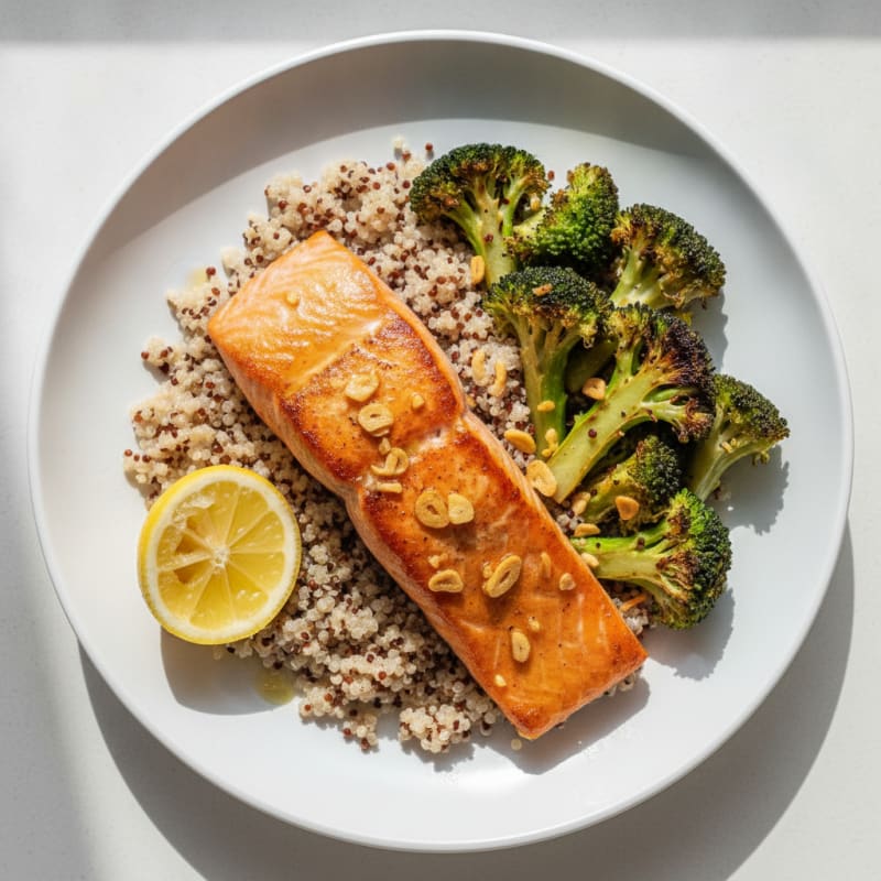 Seared Salmon Fillet with Roasted Broccoli and Quinoa