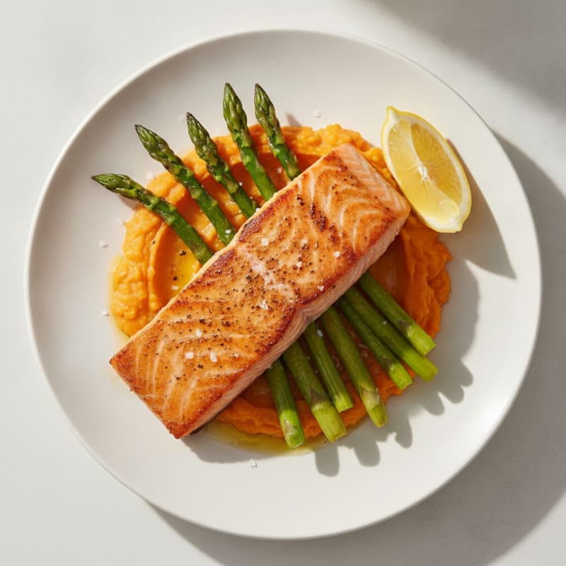 Seared Salmon Fillet with Roasted Asparagus and Sweet Potato Mash