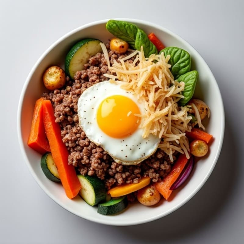 Ground Beef and Roasted Vegetable Bowl with Sauerkraut