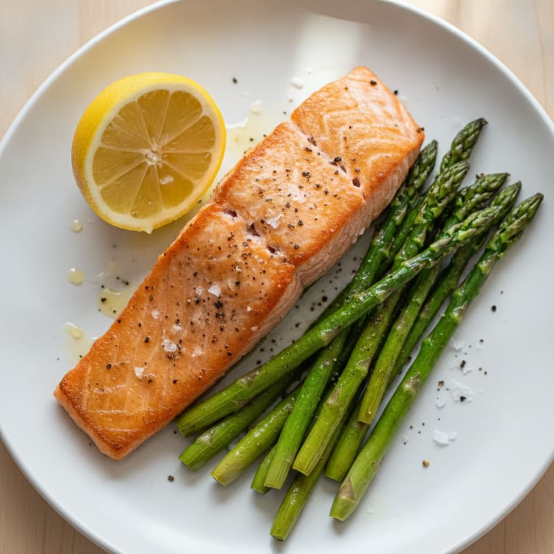 Seared Salmon with Roasted Asparagus and Lemon