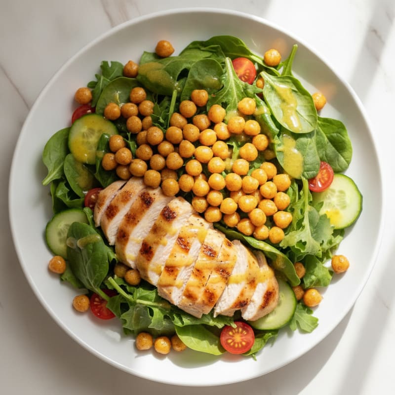 Grilled Chicken Breast Salad with Crunchy Chickpeas and Lemon Dressing