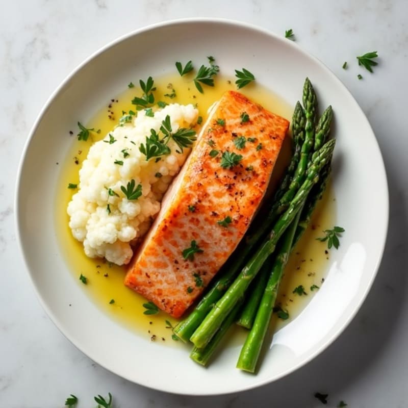 Seared Salmon with Steamed Asparagus and Cauliflower Mash