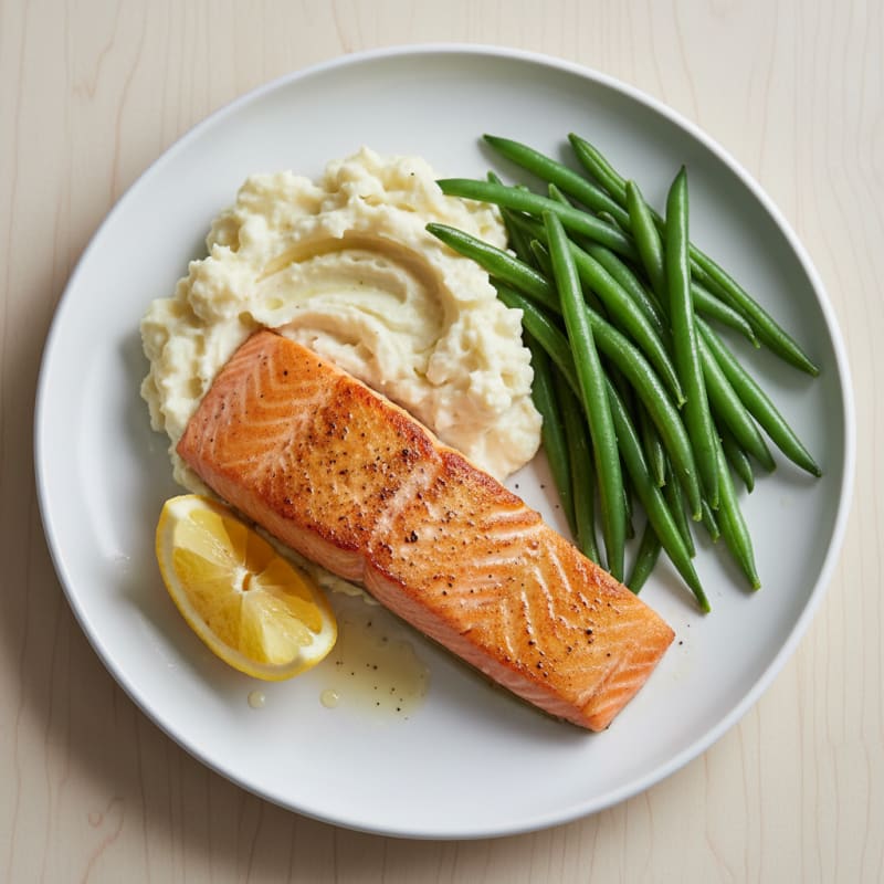 Seared Salmon Fillet with Steamed Green Beans and Garlic Mashed Cauliflower