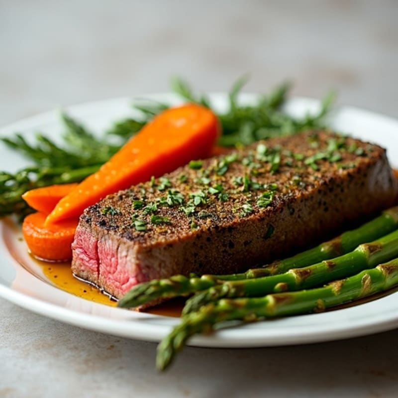Herb-Crusted Beef with Roasted Asparagus and Carrots