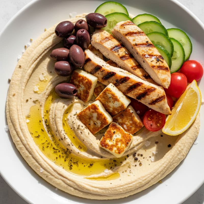 Hummus Platter with Grilled Halloumi and Olives