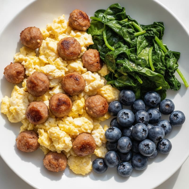 Scrambled Egg Whites with Turkey Sausage and Sautéed Spinach