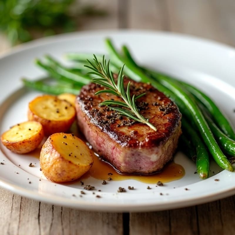 Pan-Seared Lamb Back Strap with Crispy Roasted Chat Potatoes and Fresh Green Beans